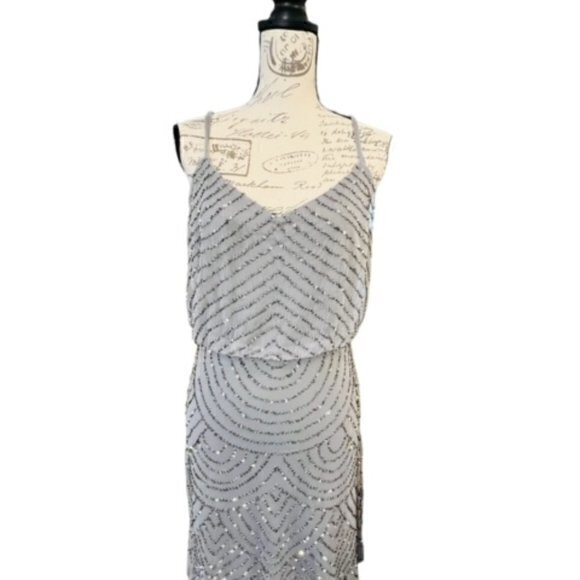 ADRIANNA PAPELL Womens Size 8 Blouson Cocktail Dress BEADED Grey Short PARTY - Picture 3 of 14